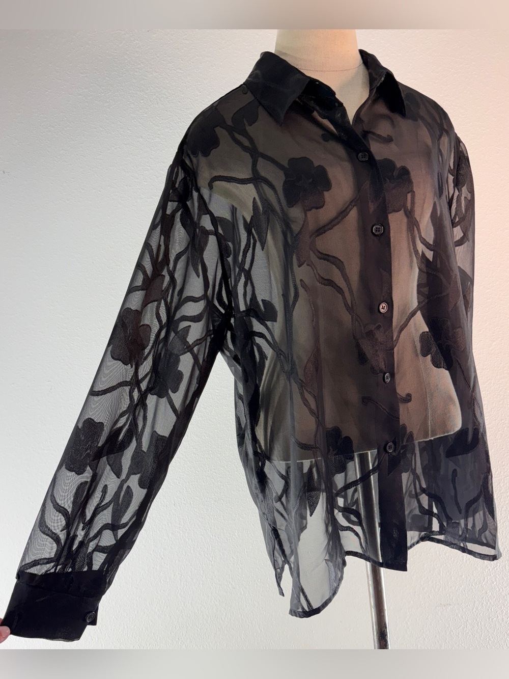 Vintage 90s Y2K Joanna Sheer Black Floral Burnout Button Up Blouse Whimsigoth XL